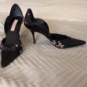 Black pumps with pink flower design; size 7